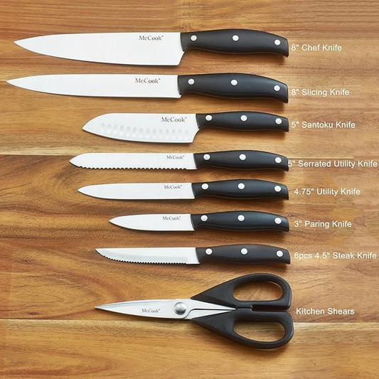 McCook MC39 14 Pieces Full Tang Triple Rivet Kitchen Knife Block Set with Built-in Sharpener and Kitchen Scissor, Black