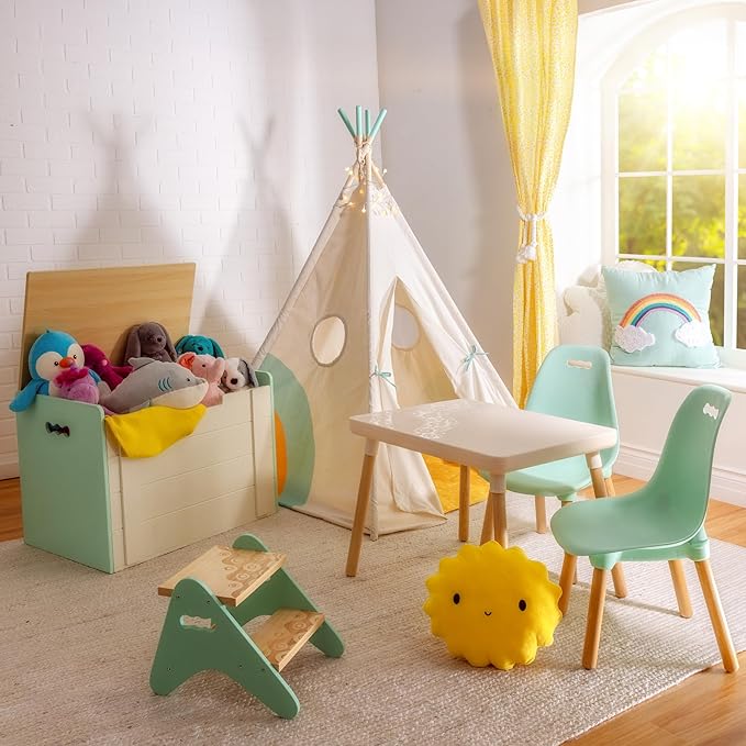 B. toys- B. spaces- B. spaces by Battat – Kids Wooden Two Step Stool – Peek-A-Boost – Mint & Wood- 2 Years +