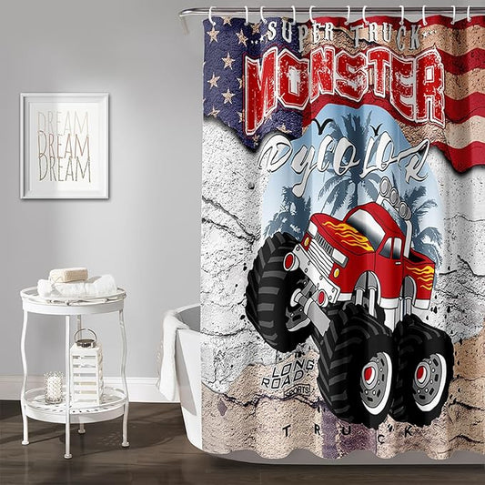 AILONEN Monster Truck Shower Curtain, American Flag Truck Bath Curtain for Boys,Red Truck Car Bathroom Decor Waterproof Fabric 72" W*96" H Inch with 12 Plastic Hooks