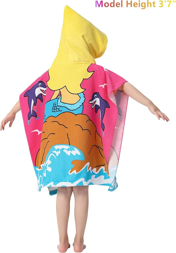 Lightweight Microfiber Hooded Beach Towel for Kids, Toddlers Bath/Pool/Swim Poncho Cover-ups Swimwear (Mermaid& Dolphin)