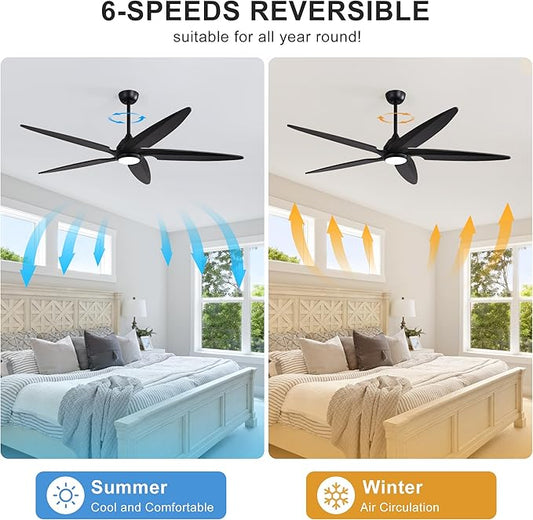 54 Inch Modern Ceiling Fan with Lights and Remote, 5 Wood Blades, 6-Speed Noiseless Reversible DC Motor with Replaceable Downrods for Bedroom Living Room Dining Room, Black