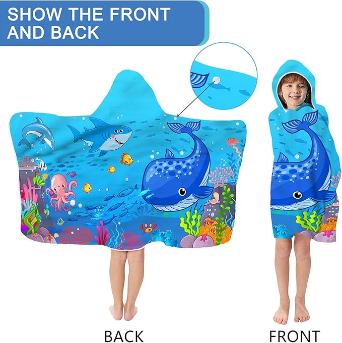 Blue Sea World Hooded Beach Towel for Kids, Cute Bath Towel with Hood, Boy Microfiber Super Absorbent Soft Poncho Bathrobe for Swin Pool 30”x50”