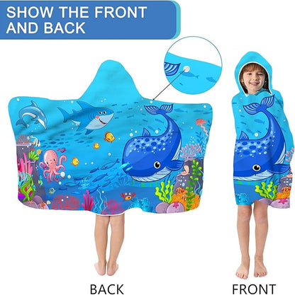 Blue Sea World Hooded Beach Towel for Kids, Cute Bath Towel with Hood, Boy Microfiber Super Absorbent Soft Poncho Bathrobe for Swin Pool 30”x50”