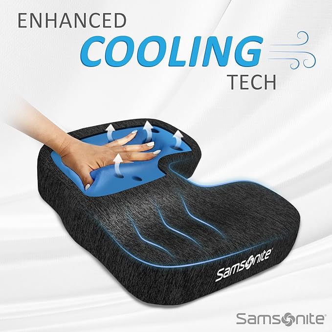 SAMSONITE Gel-Infused Memory Foam Seat Cushion with Enhanced Airflow Design for Cooling Experience, Fits Most Office Chairs and Car Seats, Supportive Sitting Pillow for Orthopedic Comfort…