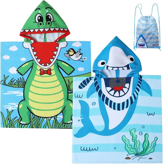 Lightweight Wearable Hooded Beach Towel Poncho for Kids, Toddlers Bath/Pool/Swim Poncho Cover-ups Swimwear Alligator & Shark 2PCS