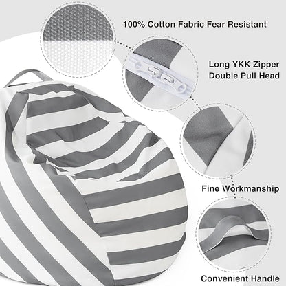 EXQ Home Kids Bean Bag Chairs Cover -Stuffed Animal Bean Bag Storage Grey and White Stripes-Zipper Bean Bag for Organizing Children Plush Toys Holiday Gift for Girl,Boys (XL)