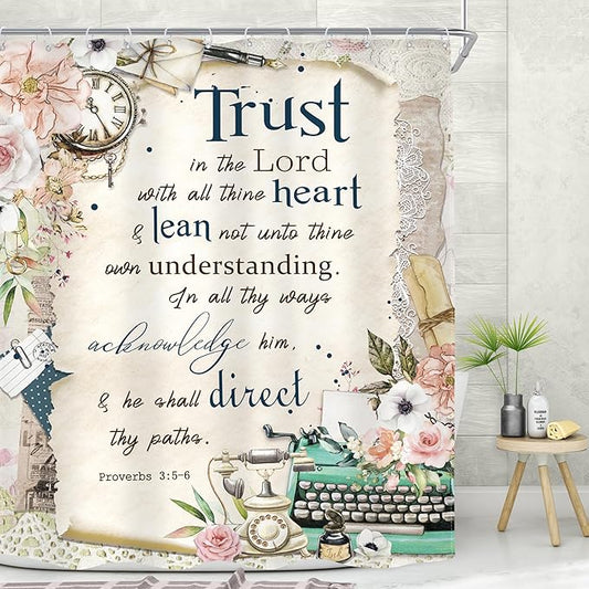 MESHELLY Vintage Christian Shower Curtain 60Wx72H Retro Floral Bible Verse Rustic Farmhouse Pink Flower Quotes Bathroom Curtain Scriptures Bath Curtain Fabric Bathroom Accessories Decor with 12 Hooks