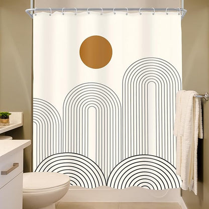 MESHELLY Boho Mid Century Shower Curtain 60Wx72H Abstract Modern Sun Minimalist Arch Simple Geometric Bathroom Curtain Beige Brown Bath Curtain Cloth Fabric Bathroom Accessories Decor with 12 Hooks