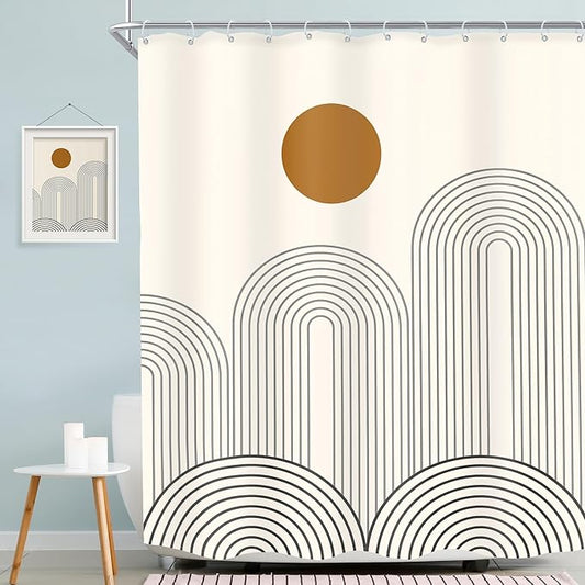 MESHELLY Boho Mid Century Shower Curtain 60Wx72H Abstract Modern Sun Minimalist Arch Simple Geometric Bathroom Curtain Beige Brown Bath Curtain Cloth Fabric Bathroom Accessories Decor with 12 Hooks