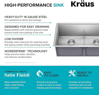 KRAUS KWU112-33 Kore Workstation 33-inch Undermount 16 Gauge Double Bowl Stainless Steel Kitchen Sink with Integrated Ledge and Accessories (Pack of 8)