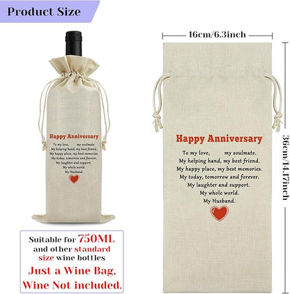 Happy Anniversary Wine Bags Friendship Anniversary for Couples Men Friends Drawstring Wine Wrapping Bag Anniversary Party Decorations Anniversary Marriage Gift for Husband Burlap Wine Gift Bag