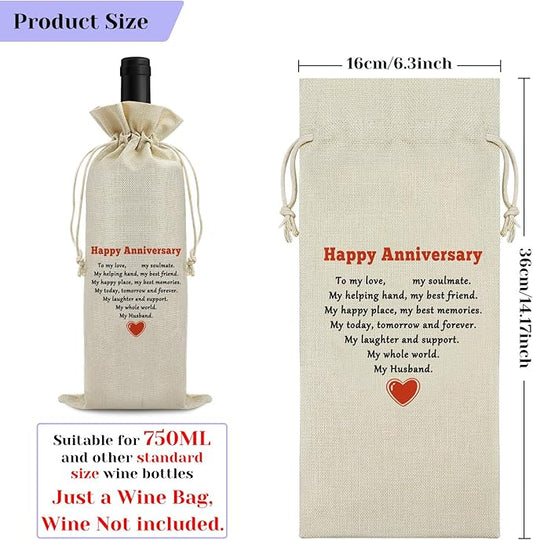 Happy Anniversary Wine Bags Friendship Anniversary for Couples Men Friends Drawstring Wine Wrapping Bag Anniversary Party Decorations Anniversary Marriage Gift for Husband Burlap Wine Gift Bag