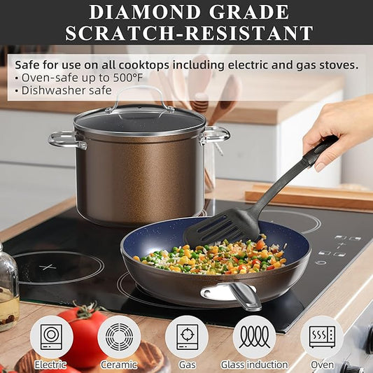 Nuwave Healthy Duralon Blue Ceramic Nonstick Cookware Set, Diamond Infused Scratch-Resistant, PFAS Free, Dishwasher & Oven Safe, Induction Ready & Evenly Heats, Tempered Glass Lids & Stay-Cool Handles