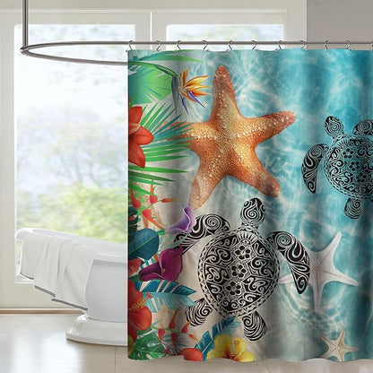 AILONEN Sea Turtle Shower Curtain,Sea Turtle with Starfish Bath Curtain Cloth Fabric Bathroom 72" W*84" H Inch,12 Pack Hooks for Kids,Ocean Themed Bathroom Curtain