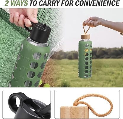 MUKOKO Glass Water Bottles, 32oz Glass Tumbler, Drinking Bottles with 2 Lids-Handle Flip Straw Lid&Bamboo Lid, Motivational Water Bottle with Time Marker and Silicone Sleeve, Leakproof-1 Pack-Olive