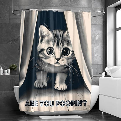Funny Cat Shower Curtain Cute Animal Shower Curtains for Bathroom Decor are You Poopin' Humorous Joke Waterproof Polyester Fabric Bathroom Curtain with Hooks 55x72 Inch