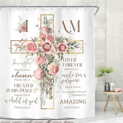 MESHELLY Pink Floral Shower Curtain 60Wx72H Christian Shower Curtain Rustic Farmhouse Bible Verse Cross Bathroom Curtain Motivational Quote Country Bath Curtain Fabric Bathroom Decor with 12 Hooks
