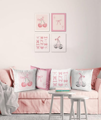 Pink Coquette Preppy Bedding Throw Pillow Covers, Preppy Trendy Aesthetic Cute Room Decor Pillows Cases, Pink Bow Cherry Disco Ball Pillowcases for Teen Sofa Dorm Girls Bedroom, 18x18 Set of 2