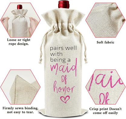Pairs Well with Being A Maid of Honor - Gifts for Bridesmaid Wine Bags, 1 PC Reusable Drawstring Burlap Wine Bottle Bags, Wedding Gifts for Ladies Women, Bridal Shower Party Decorations -33