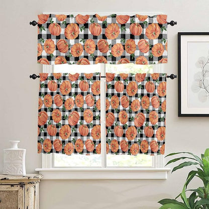 Fall Kitchen Curtains and Valances Set, Thanksgiving Halloween Pumpkins Small Window Treatments Tiers Half/Short Curtains for Cafe /Living Room/ Bedroom 54x 36 in, Farmhouse Black White Buffalo Plaid