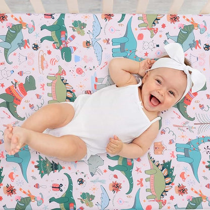 JISEN Christmas Crib Sheet Dinosaurs Fitted Crib Sheets 1 Piece Soft Baby Crib Sheets for Standard Crib and Toddler Mattress Pink Baby Bed Sheets for Crib for Baby Boys Girls Neutral 28x52 Inch