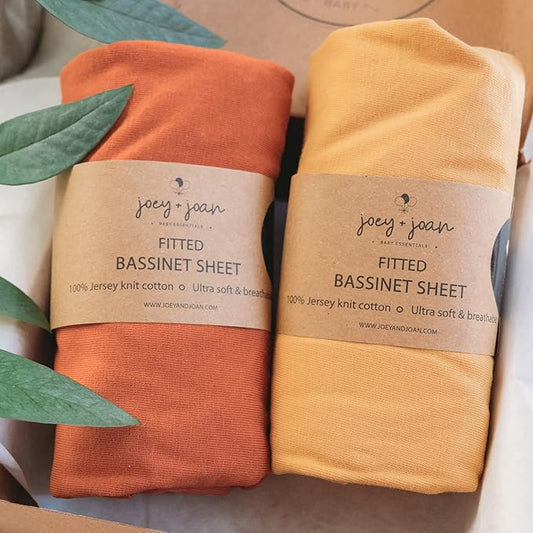Bassinet Sheets 20x30 Inch for Graco Travel Lite Crib, Sense2Snooze, My View 4 in 1, Dream Suite and Guava Bassinet – 100% Jersey Cotton Fitted Sheets – Mustard Yellow + Burnt Orange – 2 Pack
