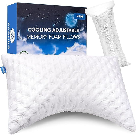 Cooling Side Sleeper Pillow for Neck and Shoulder Pain, Luxury Shredded Memory Foam Curved Bed Pillows for Sleeping Set of 1- Adjustable King Size- Washable Cover Crescent White