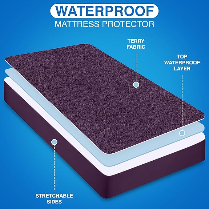 Utopia Bedding Waterproof Mattress Protector Twin Size, Premium Terry Mattress Cover 200 GSM, Breathable, Fitted Style with Stretchable Pockets (Purple)