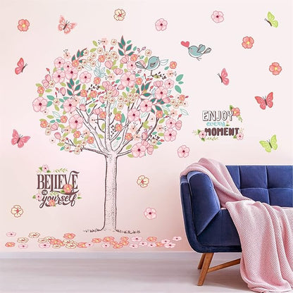 Large Pink Flowers Tree Wall Decals Spring Tree Wall Stickers Baby Girls Room Decor Believe Inspirational Quotes Wall Decals Peel and Stick Cherry Blossom Decals for Bedroom Nursery Living Room Decor