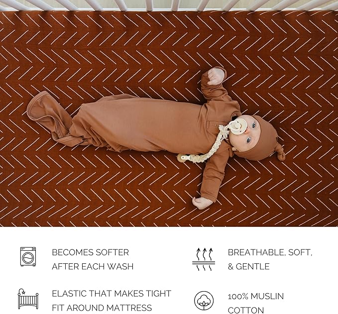 Rust Mudcloth Muslin Crib Sheet by Mebie Baby, Soft and Breathable Bed Sheets for Babies, Modern Neutral Bedding for Cribs, Standard Crib Mattress Fitted Sheet, Great for Boy or Girl Room or Nursery