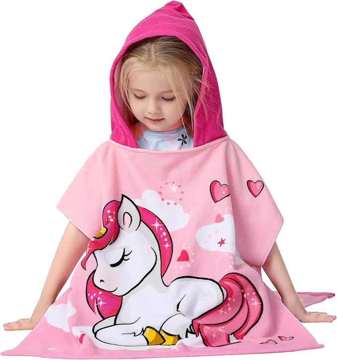 Kids Hooded Poncho Towel for Girls, Toddlers Bath Beach Pool Swim Towels with Hood Cover-ups Swimwear (3D Unicorn with bag)