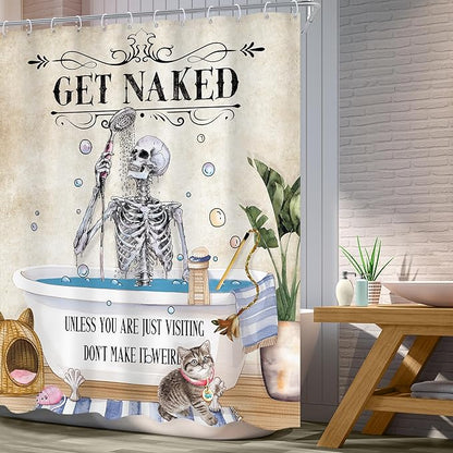 Funny Skull Skeleton Shower Curtain 60Wx72L Inch Gothic Spooky Cute Cat Cool Unique Bone in Bathtub Retro Horror Scary Bathroom Set Halloween Plant Bath Curtain Bathtub Accessories Home Decor