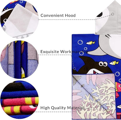 Kids Shark Hooded Beach Towel Boys Cute Poncho Pool Beach Towels with Hood 24*47 in Soft Microfiber Swim Cover-ups for Kids Ages 3-10 Thick Absorbent Cotton Hooded Bath Towel Wrap Bathrobe