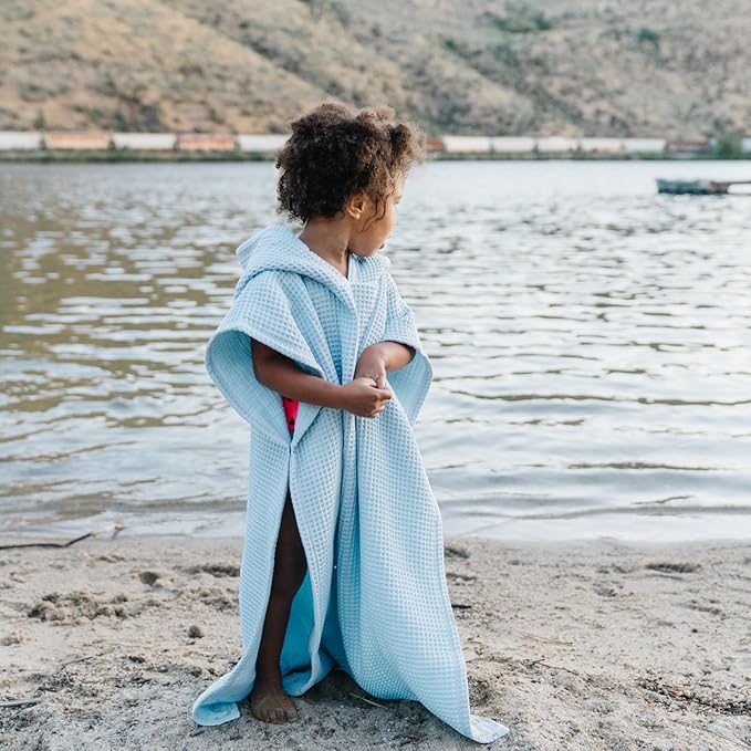 Hooded Towel for Kids | Snaps into a Poncho | Organic Cotton Waffle | Lightweight and Absorbent | Bath, Beach, and Pool | Multiple Colors | (Large (6-10 Yrs), Lagoon)