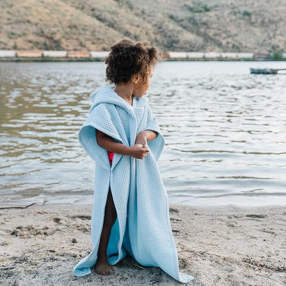 Hooded Towel for Kids | Snaps into a Poncho | Organic Cotton Waffle | Lightweight and Absorbent | Bath, Beach, and Pool | Multiple Colors | (Large (6-10 Yrs), Lagoon)