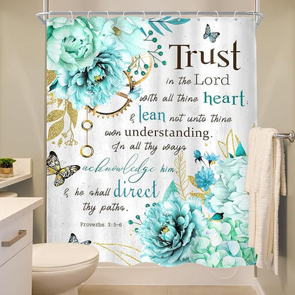MESHELLY Teal Shower Curtain 60Wx72H Flower Christian Shower Curtain Farmhouse Bible Verse Rustic Blue Floral Shower Curtain Women Inspiration Quote Scriptures Bathroom Decor Fabric with 12 Hooks