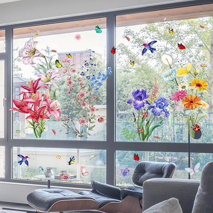 Garden Flower Wall Decals Lily Daisy Butterfly Dragonfly Bird Wall Stickers, Spring Window Clings for Glass Windows Living Room Bedroom Kitchen Wall Decor