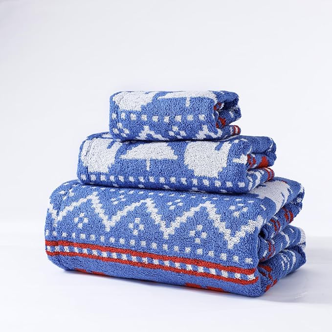 Luxury Blue Christmas Snowman Bath Towel Sets for Boy Girl Gift , 1 Bath Towels 1 Hand Towels 1 Washcloths 100% Cotton Ultra Soft Fluffy Highly Absorbent Double Sided Pattern Towel for Face Body