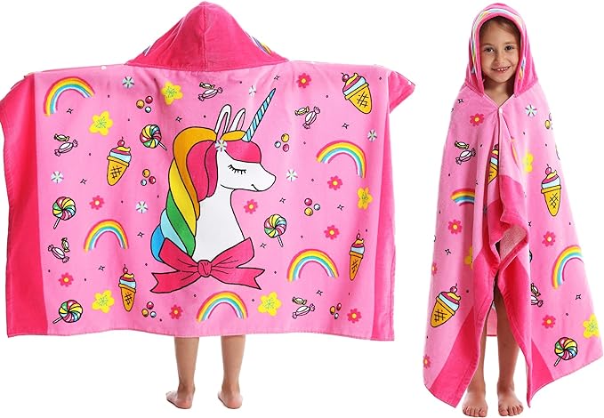 Kids Hooded Beach Bath Towel, Baby Surf Poncho Toddlers Soft Real Cotton Wrap Hooded Towels for Kids Boy Girl