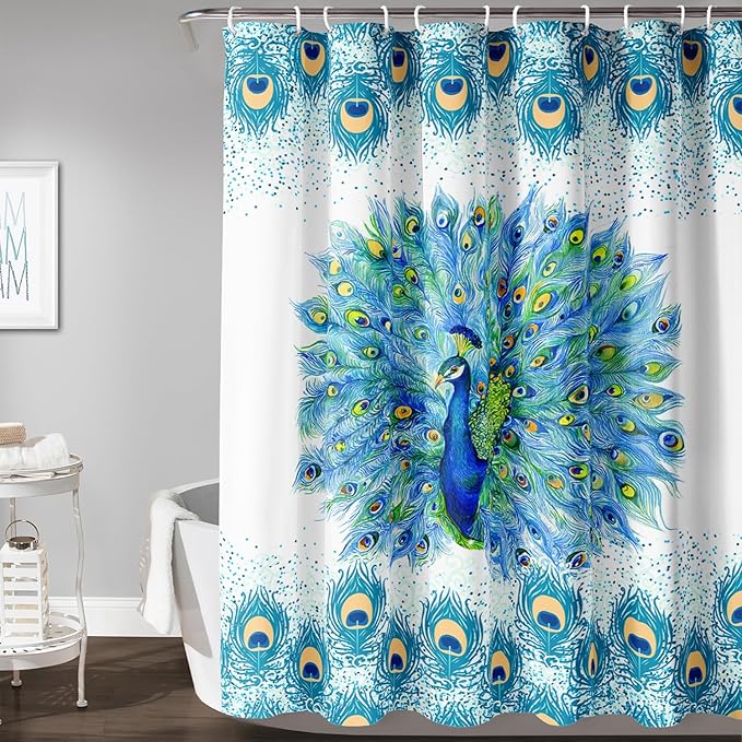 AILONEN Peacock Shower Curtain for Girls,Beautiful Green Peacock Bath Curtain for Kids Women,Peacock Feather Print Waterproof Shower Curtain for Bathroom Decor with 12 Plastic Hooks, 48" W*72" H