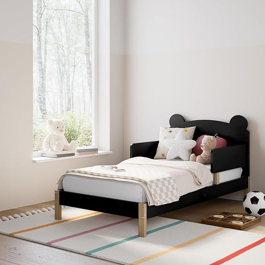 Storkcraft Teddy Bear Toddler Bed (Black with Driftwood) - GREENGUARD Gold Certified, includes Toddler Safety Guardrails, Fits Standard Crib & Toddler Mattress, Stylish 2-Tone Design