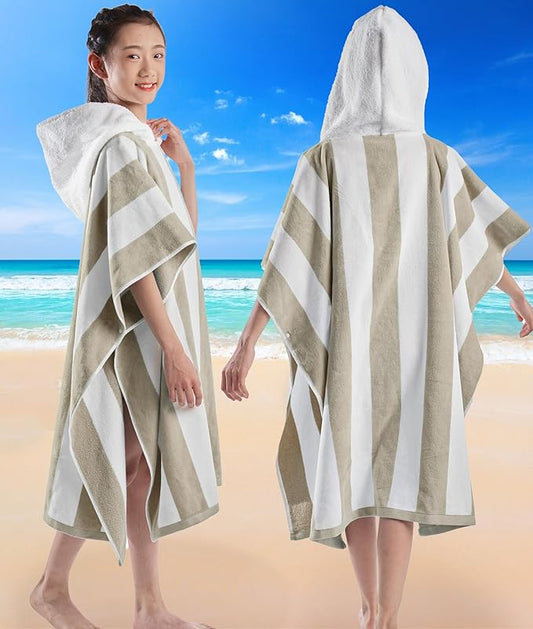 VOOVA & MOVAS Big Kids Hooded Towel Robe | Large (8-16Years) Thick and Absorbent Cotton Poncho for Pool, Swim, and Bath - Beige and White Cabana