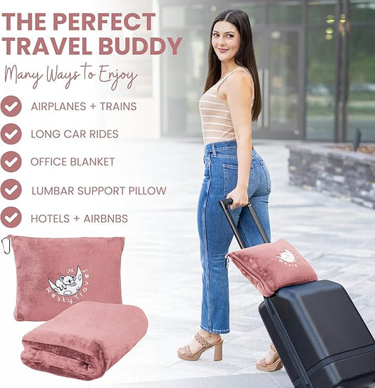 Resty Travel Blanket - Compact Airplane Blanket with Bag - Small and Lightweight Traveling Blanket & Pillow - Portable Blankets with Carabiner for Easy Transport - Plane Train Car (Pink)