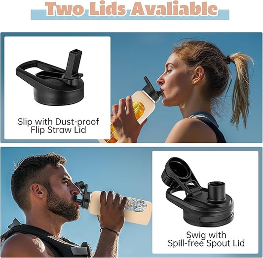 SIEROZUR 32 oz Glass Water Bottle with Straw and Handle Large Sports Motivational Water Bottle with Time Marker and 2 Lids, Leakproof Reusable Water Jug with Silicone Sleeve for Gym