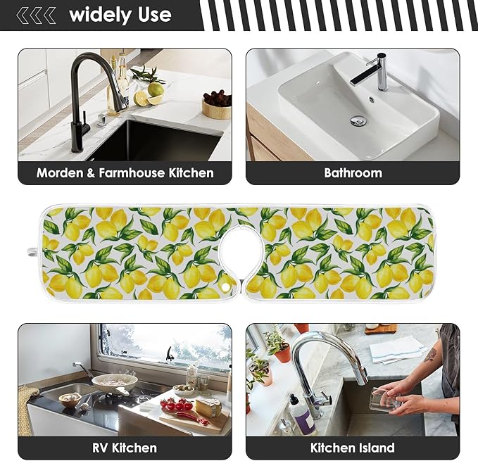 Kitchen Faucet Absorbent Mat,Lemon Water Splash Guard for Sink, Faucet Drip Catcher Thicken Sponge Microfiber Faucet Water Catcher Mat Sink Absorbent Mat for Kitchen 14x5in 2 Pack