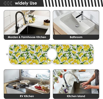 Kitchen Faucet Absorbent Mat,Lemon Water Splash Guard for Sink, Faucet Drip Catcher Thicken Sponge Microfiber Faucet Water Catcher Mat Sink Absorbent Mat for Kitchen 14x5in 2 Pack