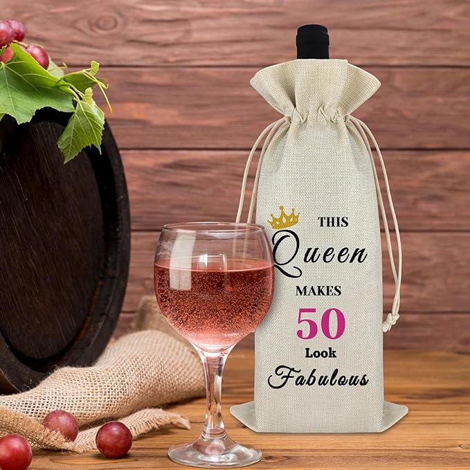 50th Birthday Gift 50 Year Old Gift Wine Bag for Women Party Decor Drawstring Wine Bottle Bag 50th Female Milestone Gift Birthday Mother's Day Christmas Gift for Mom Sister Burlap Wine Cover Bag