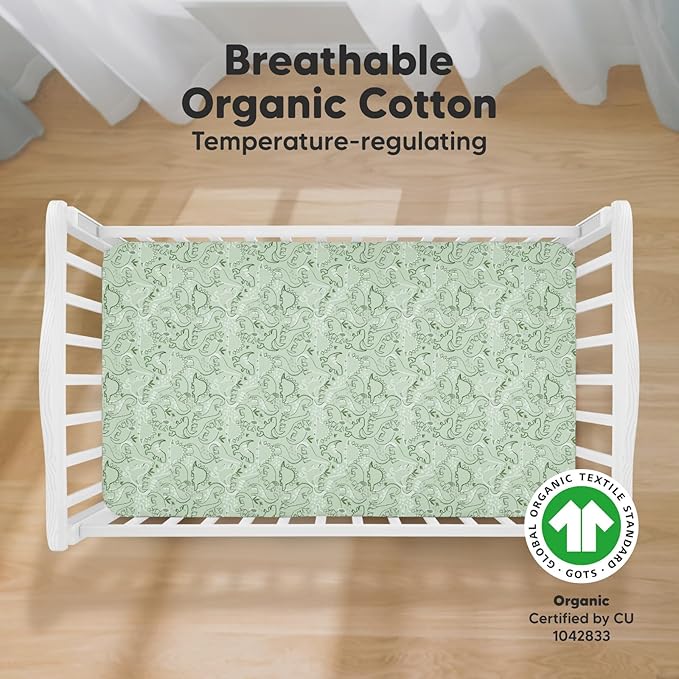2-Pack Organic Crib Sheets for Boys, Girls - Jersey Fitted Crib Sheet, Baby Crib Sheets Neutral, Crib Mattress Sheet, Cotton Crib Sheets, Breathable Crib Sheet, Baby Mattress Sheets (DinoDood)