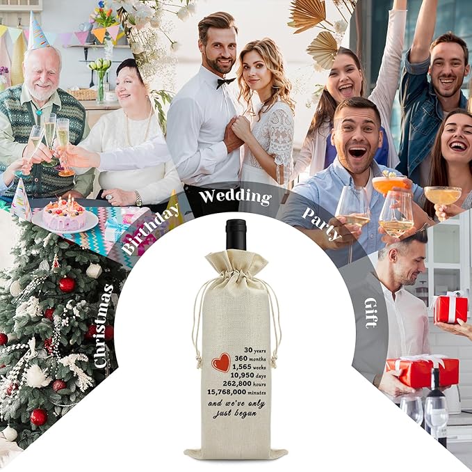 30th Anniversary Wedding Gift for Wife Husband Wine Bag 30th Years of Marriage Gift for Women Men Burlap Wine Wrapping Bag Valentine Christmas Thanksgiving Gifts for Couples Wine Gift Bag
