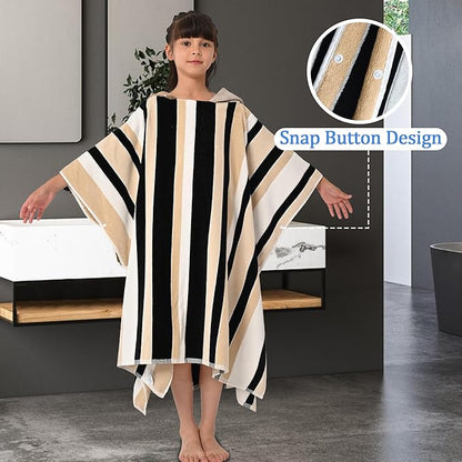 VOOVA & MOVAS Hooded Beach Towels for Teens (8-16Years), 100% Cotton Thick Poncho Towel for Big Kids, Perfect for Pool, Beach, Bath, Brown Black Stripe